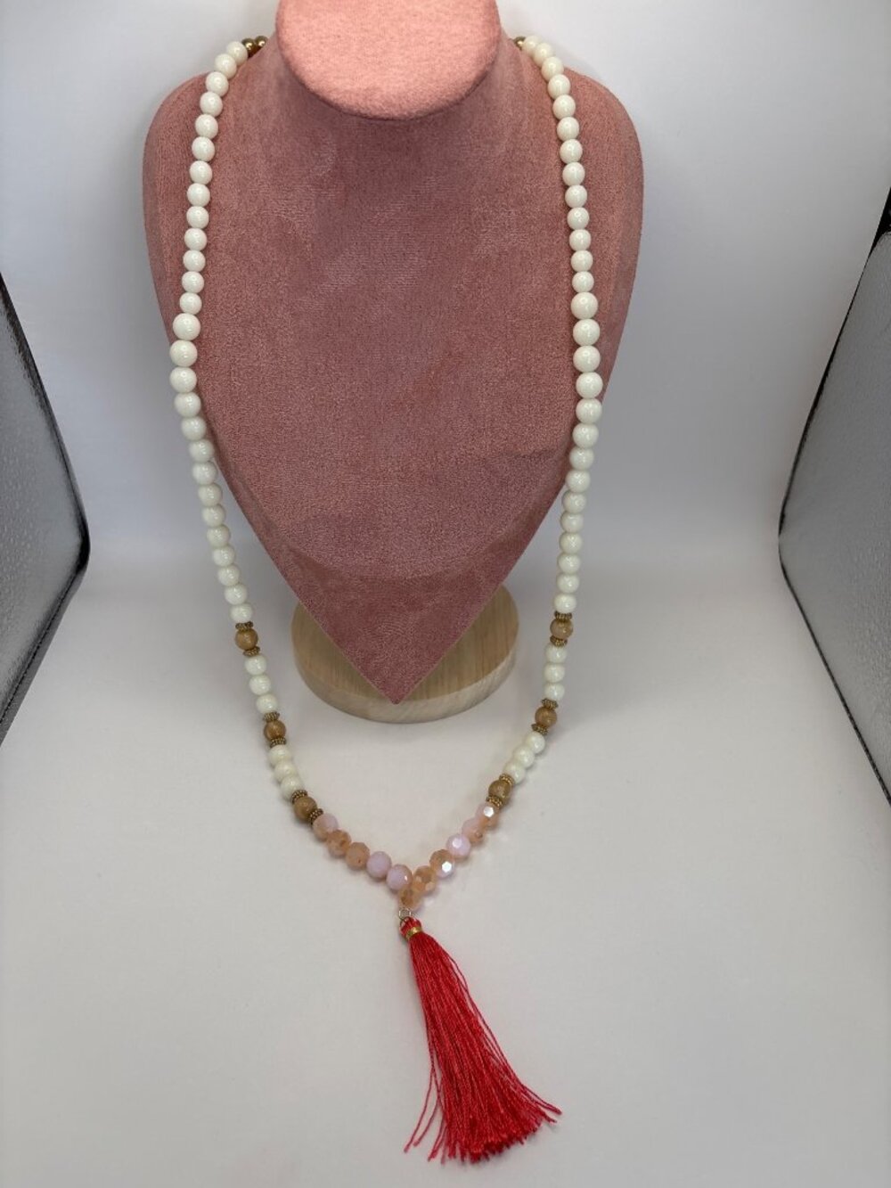 Long Beaded 35" Necklace Faux Pearl Beads and Pink Tassel Drop Pendant